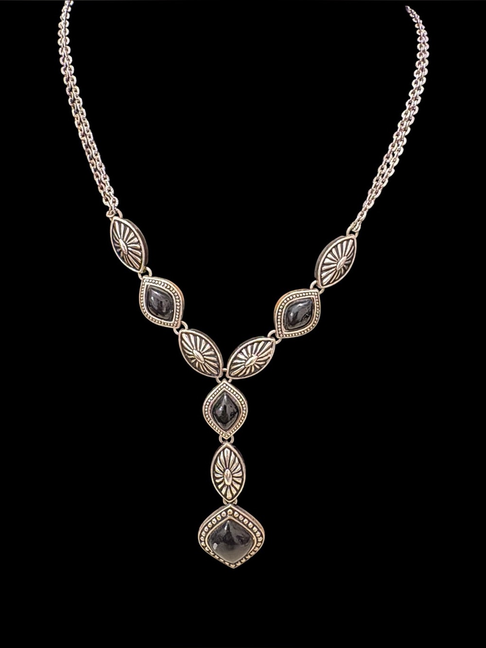 Silver Tone Black Stone Marquise Eye Shape Dangle Y Necklace Womens Jewelry .